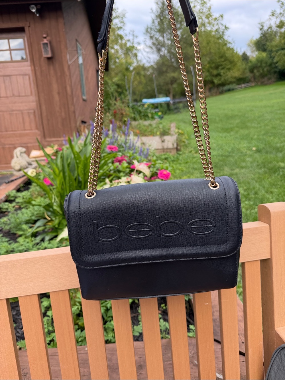 bebe Lila Flap Black Quilted Logo Crossbody/shoulder Bag with Gold Chain nwot
